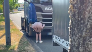 Public Masturbation Show for Truck Driver